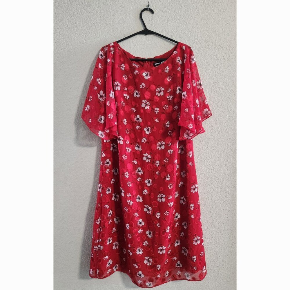 Karl Lagerfeld Paris Red Sheer Floral Pattern Short Flutter sleeve dress size 8
